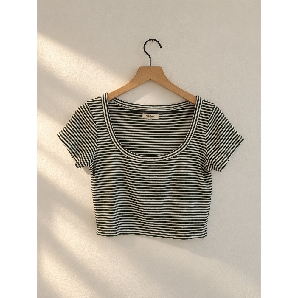 Madewell Scoop Neck Striped Green White Knit Crop Top 90s Small